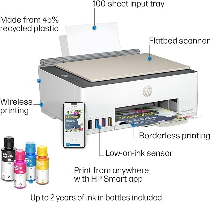 HP Smart-Tank 5000 Wireless All-in-One Ink-Tank Printer with up to 2 years of ink included, mobile print, scan, copy, white, 17.11 x 14.23 x 6.19