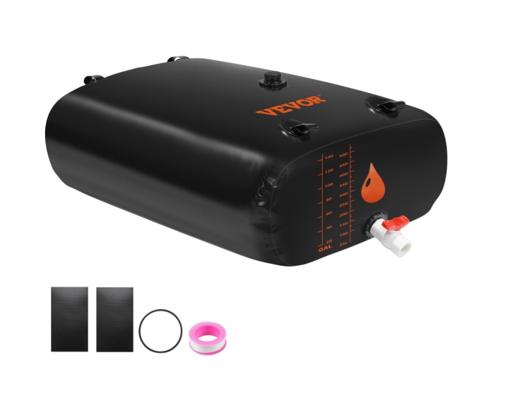 VEVOR Water Tank Bladder, 143 Gallon Large Capacity, PVC Collapsible Water Bladder Including Spigots and Overflow Kit, Portable Water Storage Bladder for Garden Water Catcher, Black