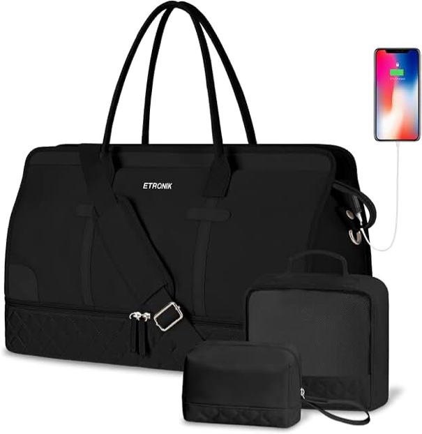 Gym Bag for Women, Sports Travel Duffel Bag with USB Charging Port, Weekender Overnight Bag with Wet Pocket and Shoes Compartment for Women Girls Travel, Gym, Yoga, School (Black)