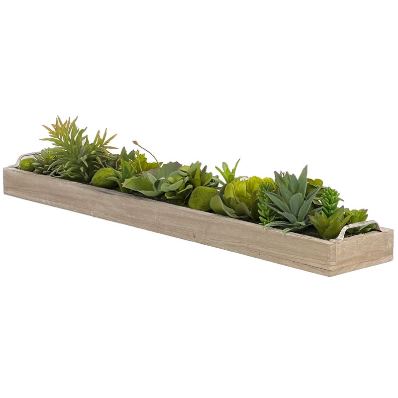 31" Faux Assorted Succulent Arrangement in Wood Planter with Handles