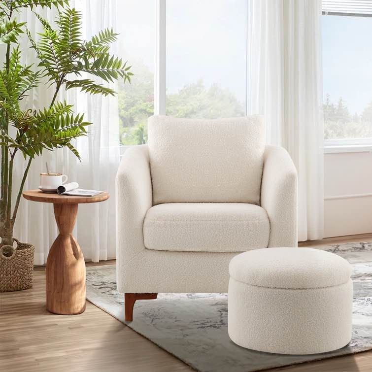 Amold Upholstered Barrel Accent Armchair With Storage Ottoman and Pillow