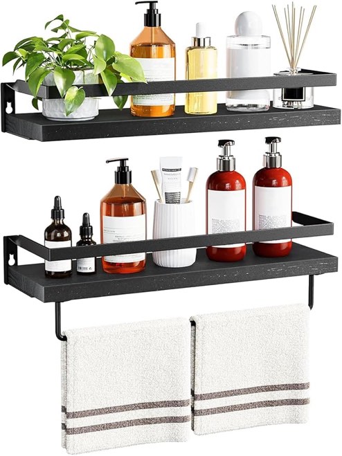 AMADA HOMEFURNISHING Floating Shelves, Wall Shelves for Bathroom, Kitchen, Bedroom, Bathroom Shelf with Towel Bar, Decor Shelves Set of 2, Black - AMFS01B Black 2 Pack Shelves