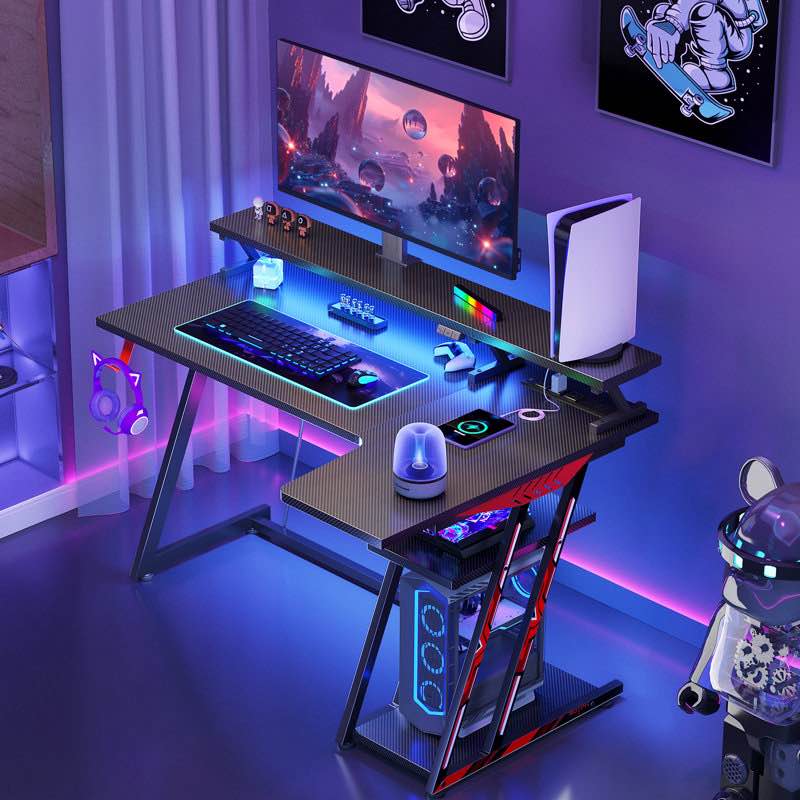 L-shaped Desk With Monitor Shelf, Gaming Desk With Led Lights And A Versatile Hook, Writing Desk With Recessed Power Outlets,home Office Desk With Large Shelves,corner Desk With Cpu Stand