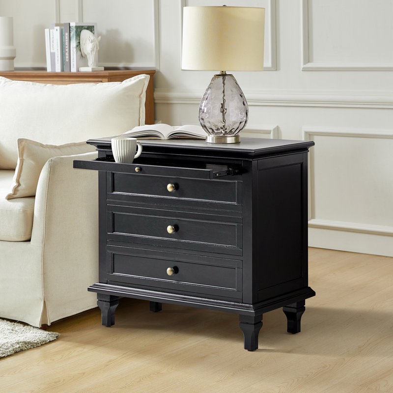 Arthelia Traditional 3-Drawers Nightstand with Built-in Charging Station , Pull-out Shelf , Compartmentalized Drawer , Solid Wood Legs