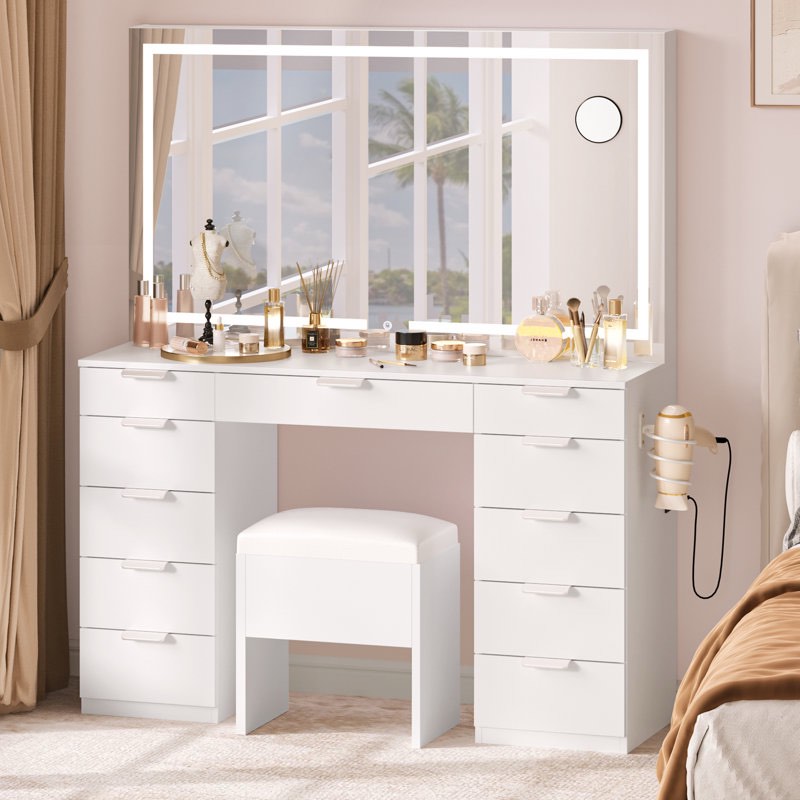 Cassanda 46 Vanity With Built-in Socket With Illuminated Mirror and Hair Dryer Rack
