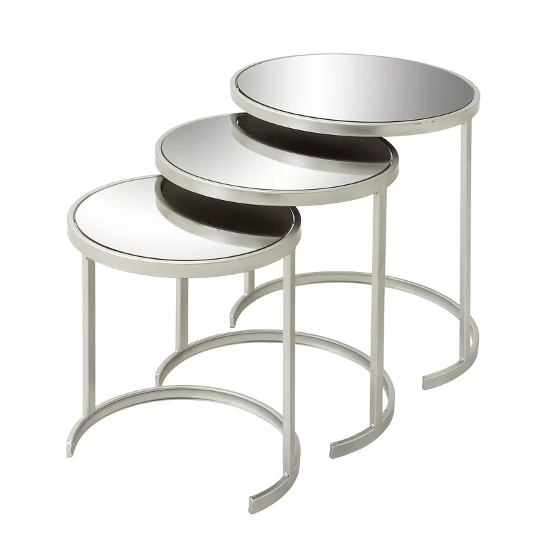 Oakengates Metal Round Nesting Side End Accent Table with Mirrored Glass Top Set