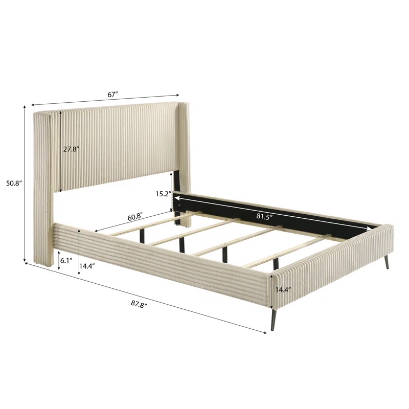( incomplete )( Only the two sides of the bed ) Roundhill Furniture Mavela Wide Wale Upholstery Bed, 2 Nightstands and Bench
