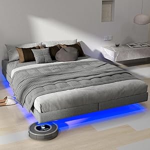 Floating Bed Frame with LED Lights Metal Slats Underbed Storage Space No Box Spring