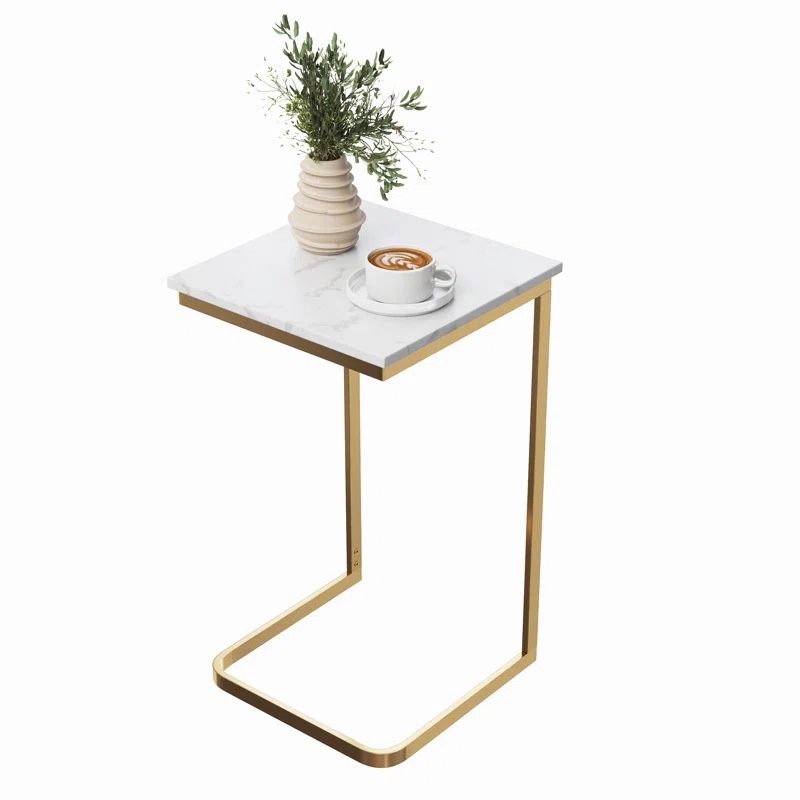 Burlwood C-Shaped End Table - Real Marble Side Table with Gold Iron Frame for Couch, Loveseat, or Bed - Modern Living Room Furniture