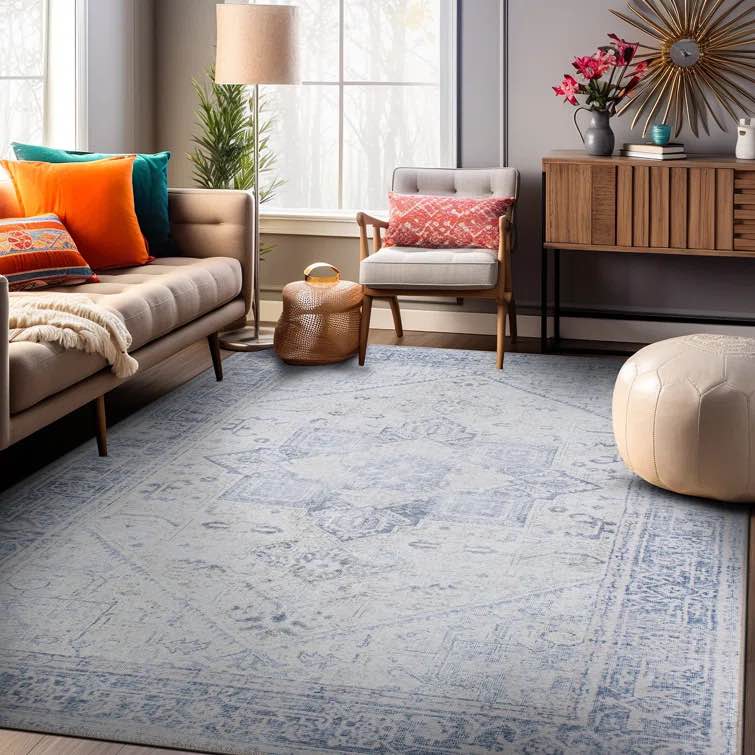 Somona Machine Washable Oriental Flatweave Performance Blue/Ivory Area Rug