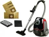OVENTE Electric Lightweight Canister Vacuum Cleaner with 3 Tools for Hard Floor Carpet, Easy Clean & Storage, Bonus of Pack of 4 Dust Bags and 1 Filter, Black ST1600B + ACPST16041 Black Canister Vacuum + 4 dust bag and 1 Filter