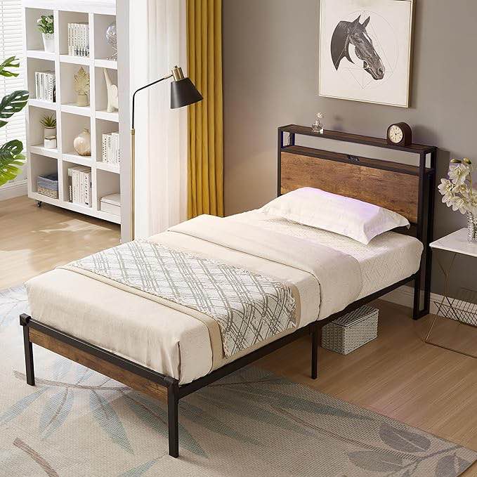 LLS Twin Bed Frame with Charging Station Industrial Bed Frame with 2 Tier Headboard Platform Bed with Under-Bed Storage, Noise-Free/Metal Slats Support/No Box Spring Needed, Brown Brand: LLS