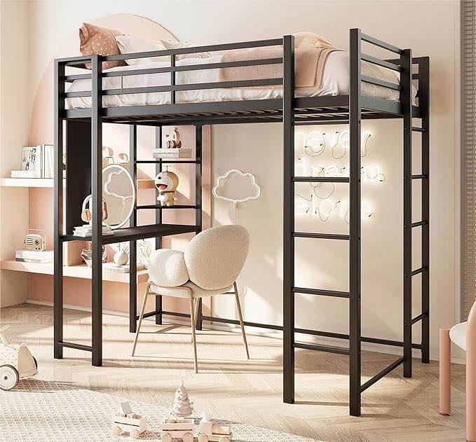SUNLEI Twin Loft Bed with Desk, Metal Loft Bed Twin Size with 2 Built-in Ladders, Space-Saving Bed Frame, Noise Free for Small Bedroom, with Safety Guard, Black