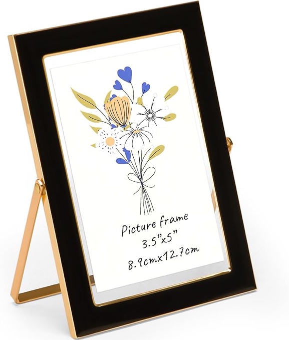 EYMPEU 3.5x5 Gold Metal Edge Picture Frame with Black Enamel Decor, Vertical Floating Frame Display for 3.5x5 Pictures or Full-Frame Display for 4x6 Photos, Table Top