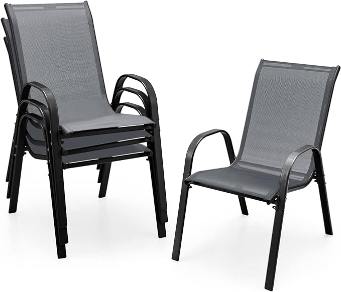 Giantex Set of 4 Patio Chairs, Outdoor Stackable Dining Chairs w/Armrests, 330 LBS Capacity, All Weather Fabric, Heavy Duty Rustproof Steel Frame, Lawn Chairs for Porch, Yard, Pool, Garden (Gray)