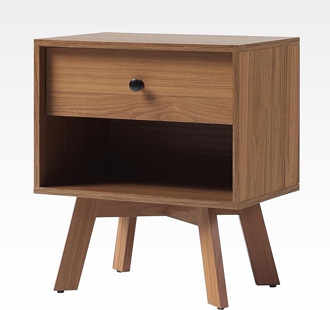 Walker Edison Mid-Century Modern 1 Nightstand Bedroom Storage Drawer and Shelf Bedside End Table, 21 Inch, Mocha