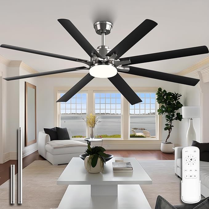 66" Large Ceiling Fan with Light & Remote Control, 8 Blades 6-speed DC Motor Low Profile Ceiling Fan Fixture, for Dining Room Bedroom Living Room Kitchen Garage Patio, Brushed Nickel & Black