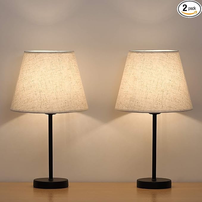 HAITRAL Bedside Table Lamps - Small Nightstand Lamps Set of 2 with Fabric Shade Bedside Desk Lamps for Bedroom, Living Room, Office, Kids Room, Girls Room, Dorm 15 Inches - Black