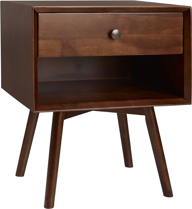 Century Modern Wood Nightstand Side Table Bedroom Storage Drawer and Shelf Bedside End Table, 1 Drawer, Walnut