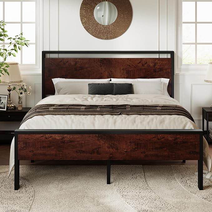 Allewie Queen Size Platform Bed Frame with Wooden Headboard and Footboard, Heavy Duty 12 Metal Slats Support, No Box Spring Needed, Under Bed Storage, Non-Slip, Noise Free, Easy Assembly, Mahogany