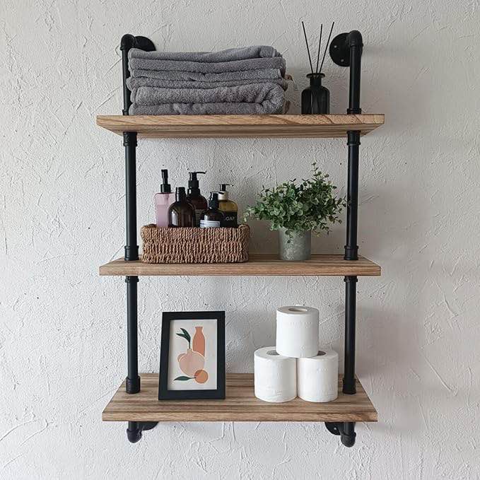 3 Tier Industrial Pipe Shelf,24 inch Industrial Floating Shelves with Solid Wood Plank,Pipe Book Shelves for Farmhouse,Industrial Wall Shelves for Bedroom,Kitchen,Living Room,Bathroom (24 inch 3 tier)