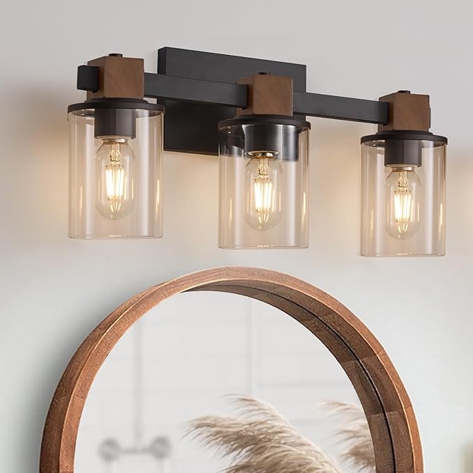 Farmhouse Vanity Light Fixture, 3 Light Bathroom Wood Wall Light Over Mirror with Clear Glass Shade, Rustic Bathroom Vanity Light (Antique Wood, 3-Light)