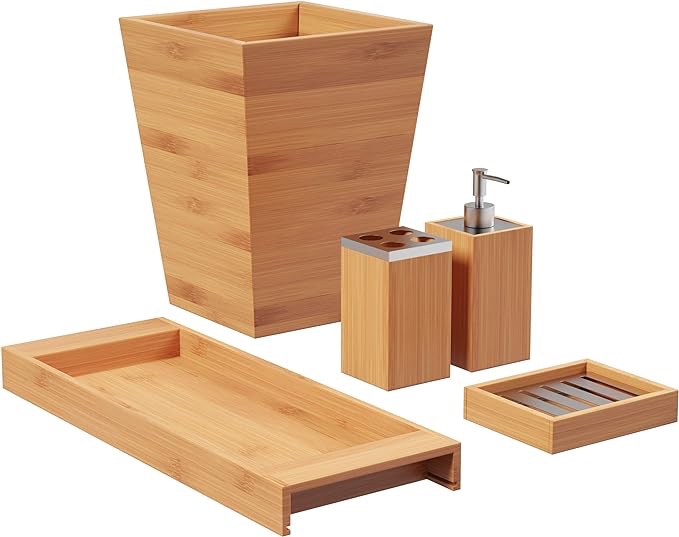 5-Piece Bathroom Decor Set - Bamboo Vanity Accessories with Trash Bin, Soap Dish, Soap Dispenser, Toothbrush Holder, and Tray by Lavish Home (Natural) Visit the Lavish Home Store 4.3 4.3 out of 5 stars    1,195 r
