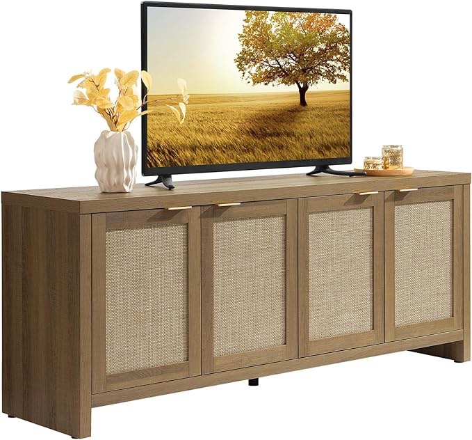 SICOTAS TV Stand for Living Room Boho Entertainment Center for Bedroom with 4 Rattan Cabinets Farmhouse Television Stands with Storage Large Wood Media Console Table for TVs up to 45 50 55 60 65 Inch