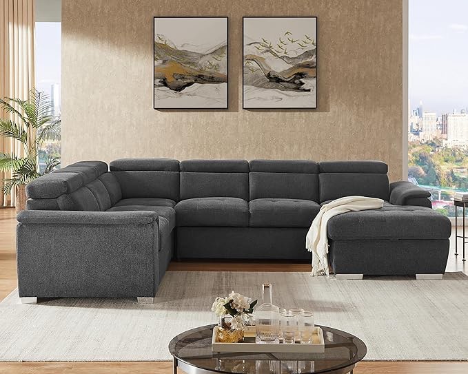 ((SIMILAR INCOMPLETE)) Modern U-Shaped Upholstered Fabric Sofa with Adjustable Headrest, 7-seat Sectional Sofa Couch with Storage Chaise, 123"Convertible Pull Out Sofa Bed Filled High-Density Foam, Dark Gray