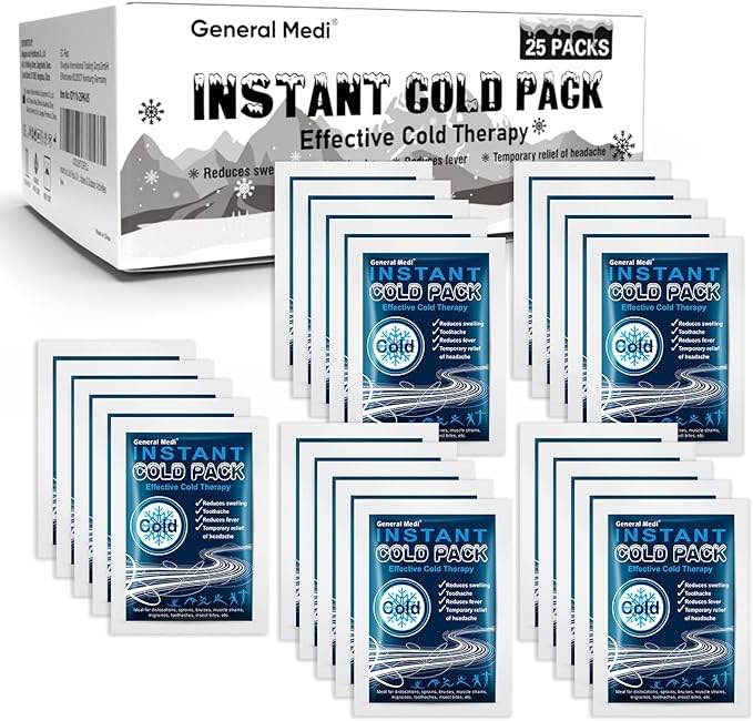 General Medi Instant Ice Cold Pack (4”x 5.5”) – 25 Packs Disposable Cold Therapy Ice Packs for Pain Relief, Swelling, Inflammation, Sprains, Toothache – for Athletes & Outdoor Activities 25 Count (Pack of 1)