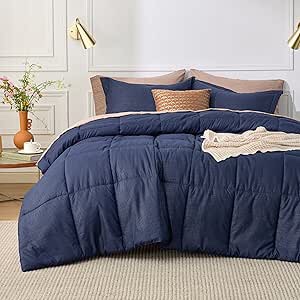 (incomplete) Bedsure Blue Queen Comforter Set - Mineral Blue Basket Weave Pattern Down Alternative Comforter Set Box Stitching Duvet Insert, Lightweight All Season Bedding Set with 2 Pillow Shams