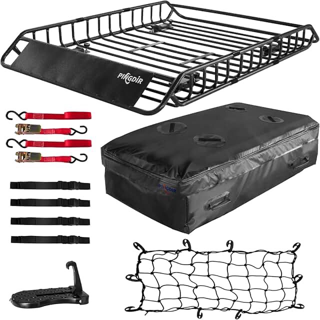 PINGDIR Rooftop Cargo Carrier Basket Universal Roof Rack Cargo Carrier, Basket 55" X 39" X 6", Waterproof Cargo Bag 44 * 35 * 16", Cargo Net with Attachment Hooks, 2 pcs Ratchet Strap,Roof Pedal