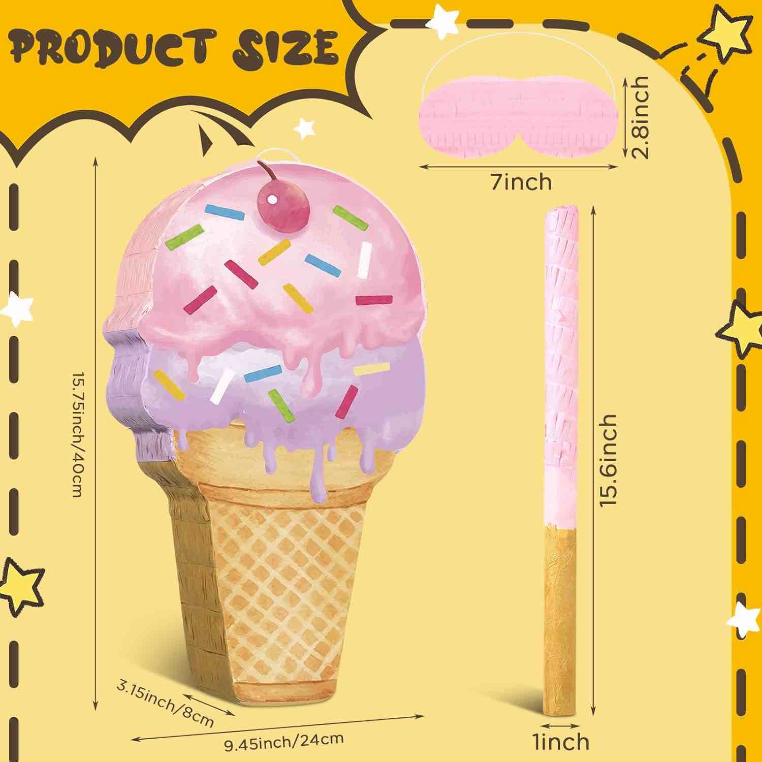 Ice Cream Pinata Ice Cream Cone Shaped Pinata with Stick Blindfold for Kids Birthday Summer Candy Theme Girls Baby Shower Beach Wedding Party Supplies Decorations, 15.8 x 9.5 Inch (Pink, Purple)