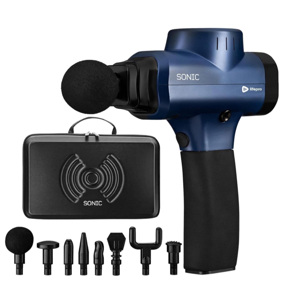 Sonic Handheld Percussion Massage Gun - Deep Tissue Massager for Sore Muscle and Stiffness - Quiet, 5 Speed High-Intensity Vibration - Quick Rechargeable Device - Includes 8 Massage Heads (Blue)