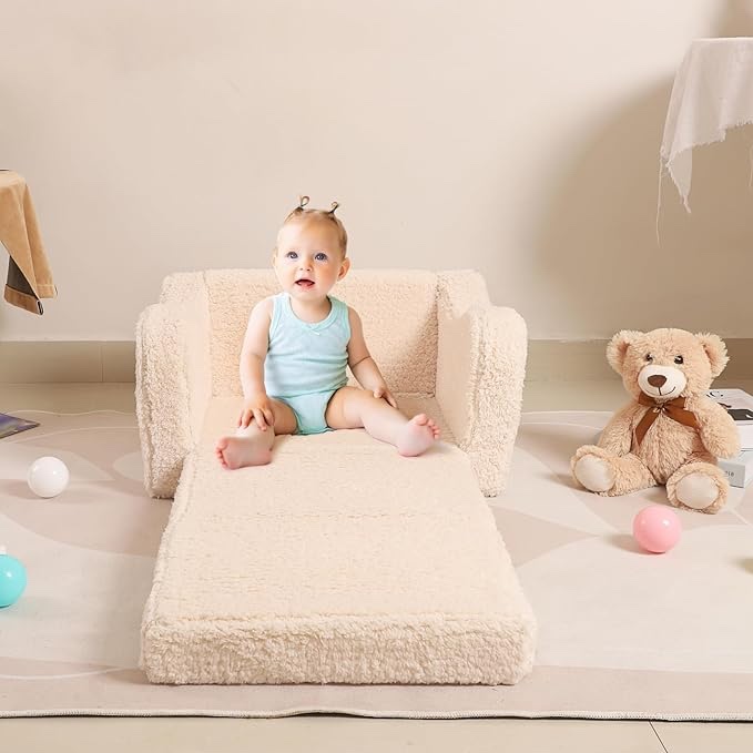 Kids Chairs for Toddler, 2-in-1 Toddler Soft Sherpa Couch Fold Out, Convertible Sofa to Lounger for Girls and Boys, Cream Kids Chairs for Toddler, 2-in-1 Toddler Soft Sherpa Couch Fold Out, Convertible Sofa to Lounger for Girls and Boys, Cream