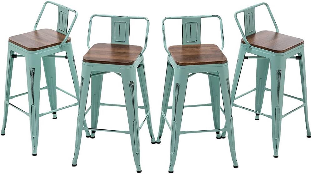 Andeworld Bar Stools Set of 4 Counter Height Stools Industrial Metal Barstools with Wooden Seats(24 Inch, Distressed Green Blue) Distressed Blue 24 inch Counter Height