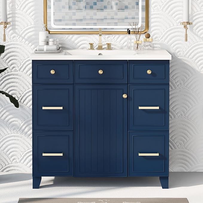 36" Bathroom Vanity Combo w/Single Ceramic Sink, Modern Storage Cabinet Set with 5 Drawers & 2 Door, Solid Wood Frame, Navy Blue