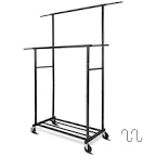 Fishat Heavy Duty Double Rod Clothing Garment Rack for Hanging Clothes, Commercial Metal Rolling Clothes Organizer on Lockable Wheels for Men Coats, Dresses, Dorm Bedroom Home Balcony (Black)