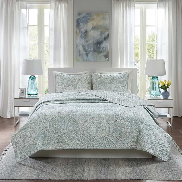 Comfort Spaces Quilt Set-Trendy Paisley Summer Cover, Cozy Coverlet Lightweight All Season Bedding Layer for Winter, Matching Shams, Full/Queen , Kashmir Paisley Blue