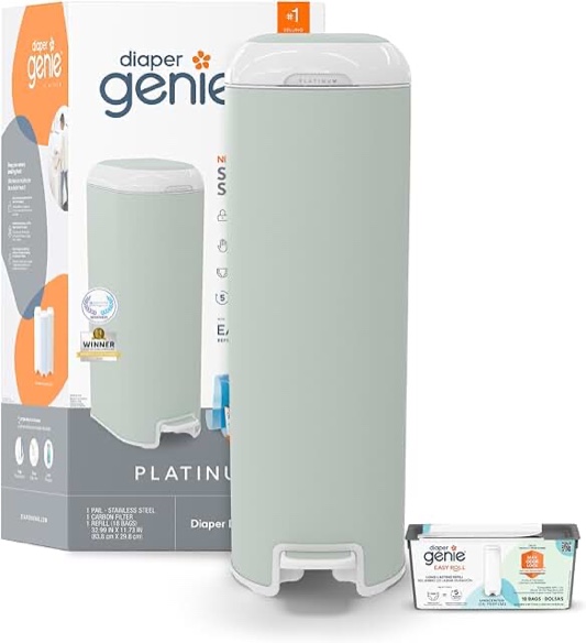 Diaper Genie Platinum Pail (Sage Green) is Made in Durable Stainless Steel and Includes 1 Easy Roll Refill with 18 Bags That can Last up to 5 Months.