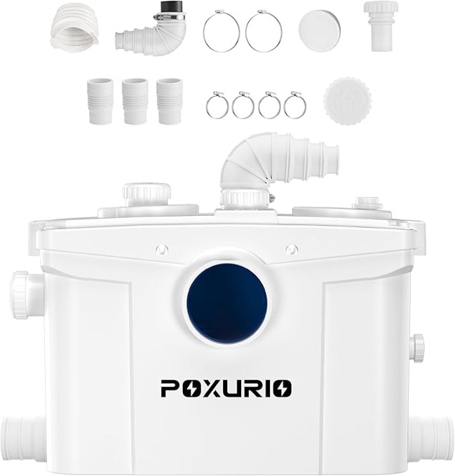 (used) POXURIO 800W Macerator Pump for Macecrating Toilet, Upgraded 2 Outlets/4 Inlets Sewerage Sump Pump for Basement Toilet Disposal, Laundry, Sink, Shower