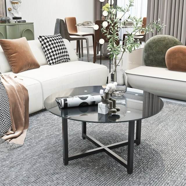 ( similar style ) Clear Coffee Table, 35.5'' Round Glass Side Center Tables for Living Room Furniture, Black