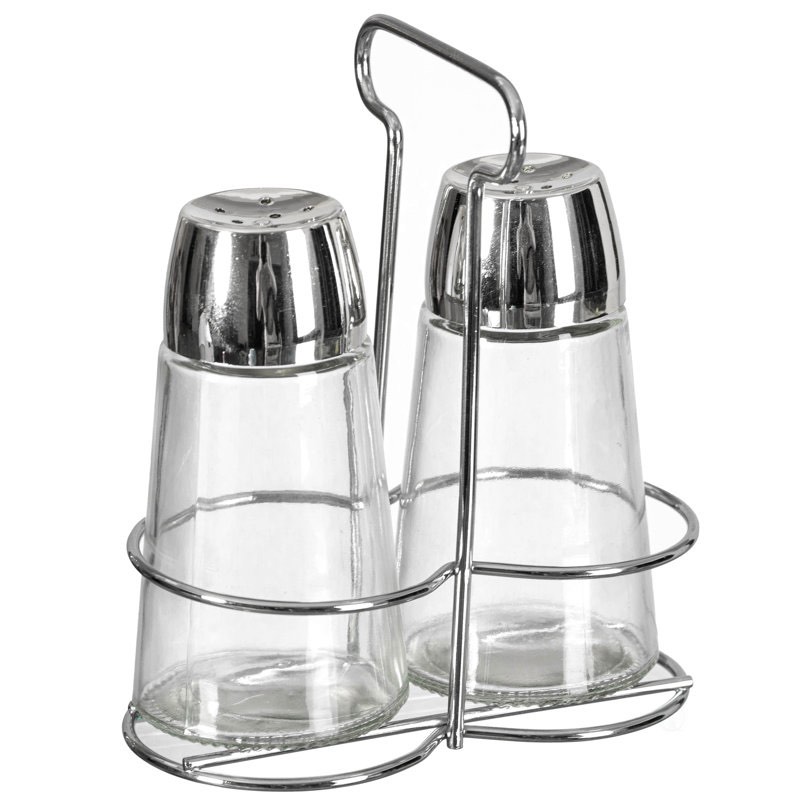 Basicwise Multifunctional Glass Salt And Pepper Shaker Set With Stainless Steel Holder - Perfect For Kitchen Counters, Kitchen Tables, Dining Tables, And Restaurants, Featuring A Refillable Design