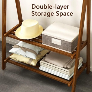 Foldable Bamboo Clothing Rack with Storage Shelves – Freestanding Garment Organizer for Bedroom or Entryway