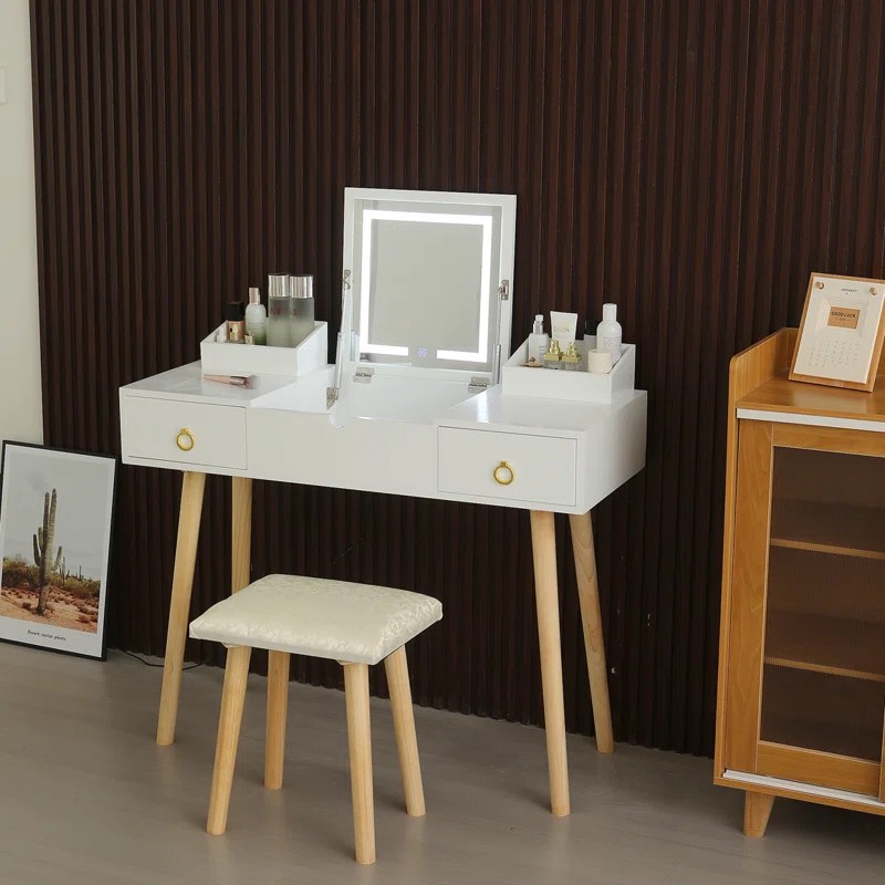 Bili Vanity Desk Set with LED Mirror Power OutletFlip Top Makeup Vanity Table with Drawers Cabinet
