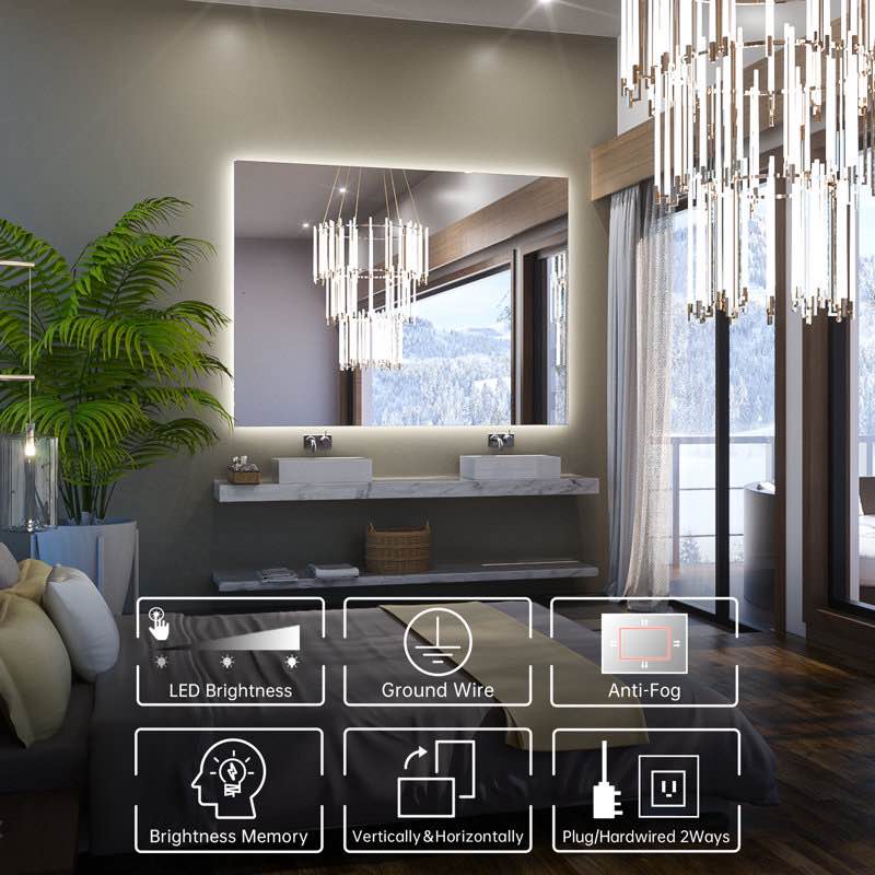 LED Backlit Frameless Lighted Bathroom Vanity Mirror Wall Mirror 3 Color Adjust Dimmable Anti Fog