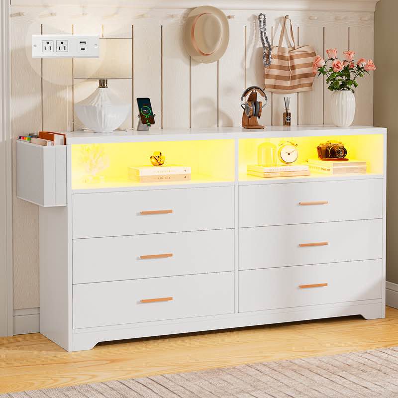 6 Drawer Dresser For Bedroom With Charging Station, 55" Dresser Modern Chest Of Drawers With Led Lights