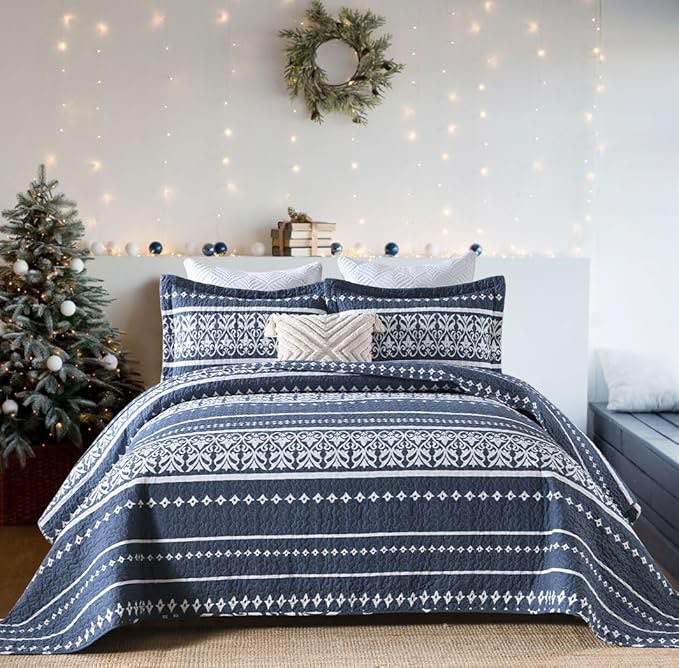 ((similar))Boho King Size Quilt Set - Navy Blue White 100% Cotton Lightweight Bohemian King Bedspread White Striped Printed Reversible Coverlet King Size Bedding Set for All Season,3 Pieces