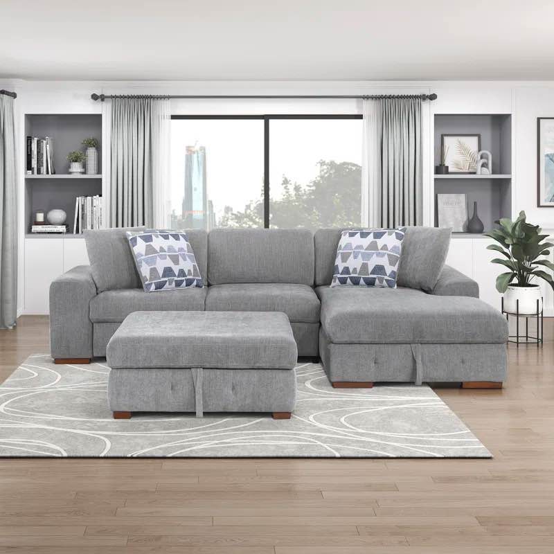 ((BOX 1 OF 4))odesser 115”w3 piece chenille sectional sofa sleeper with chairse 