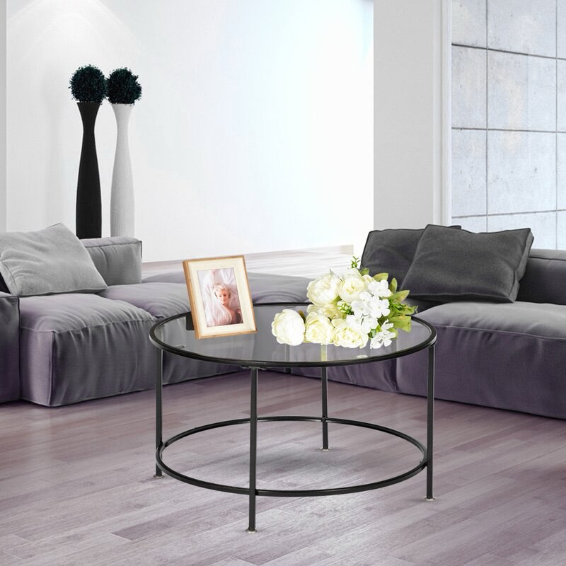 2 Layers Tempered Glass Countertops Round Wrought Iron Coffee Table Black